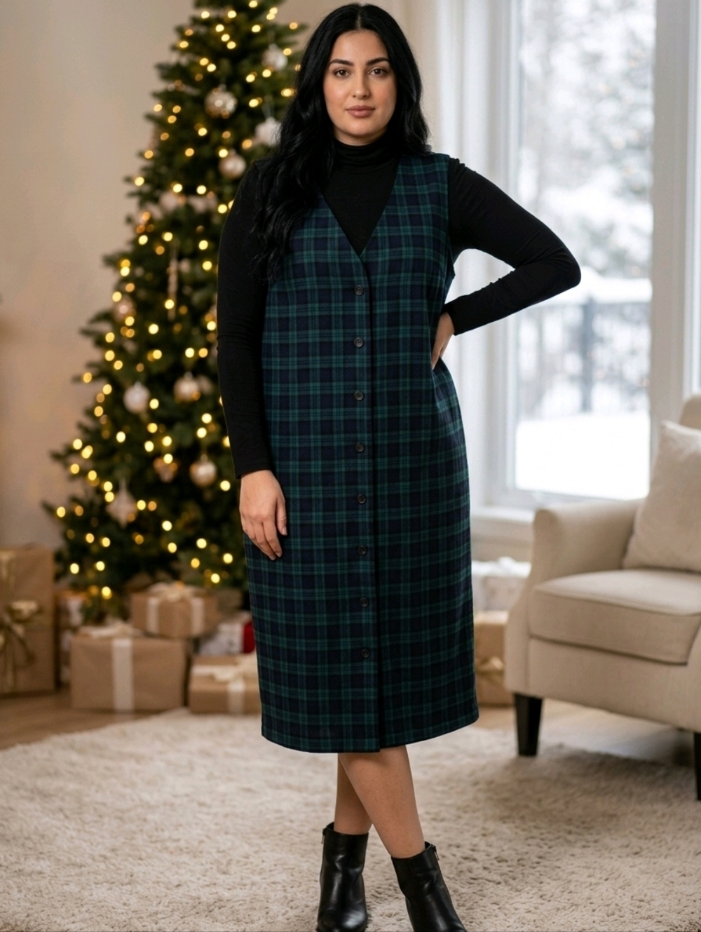 Pendleton New Wool Green Plaid Dress Size 16 Gold Buttons Sleeveless